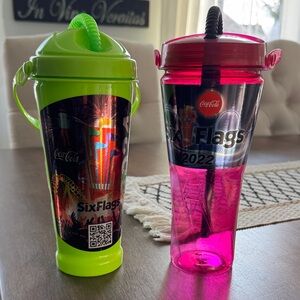 2 SIX FLAGS Souvenir member reusable refillable tumblers flex straw carry strap